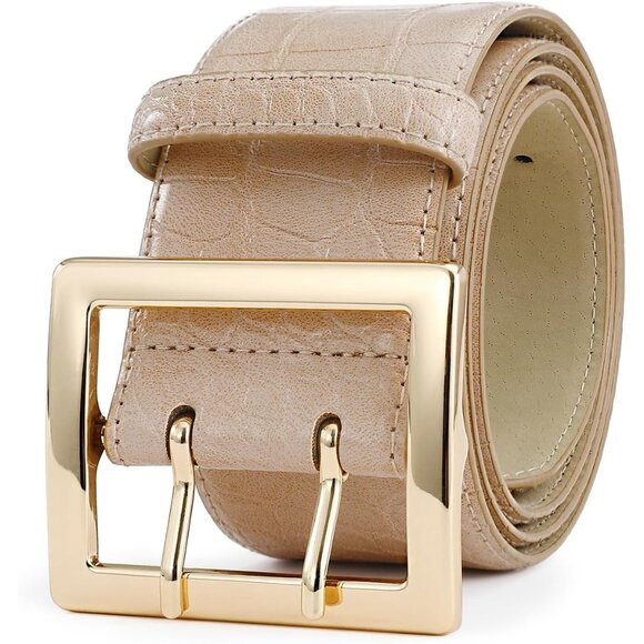 Women Leather Wide Fashion Thick Dress Belt With Gold Buckle Belt Beige Gold - Picture 2 of 7